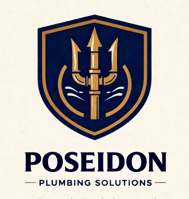Poseidon Plumbing Solutions Trident and Shield logo